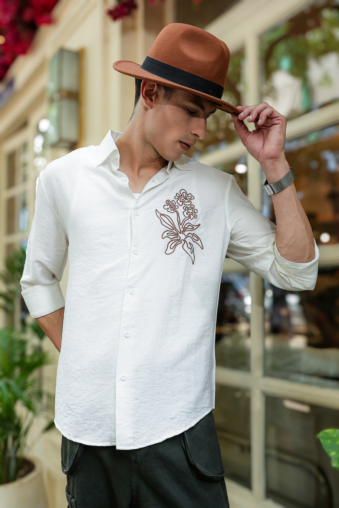 Flourish Embroidery Textured Fabric Shirt