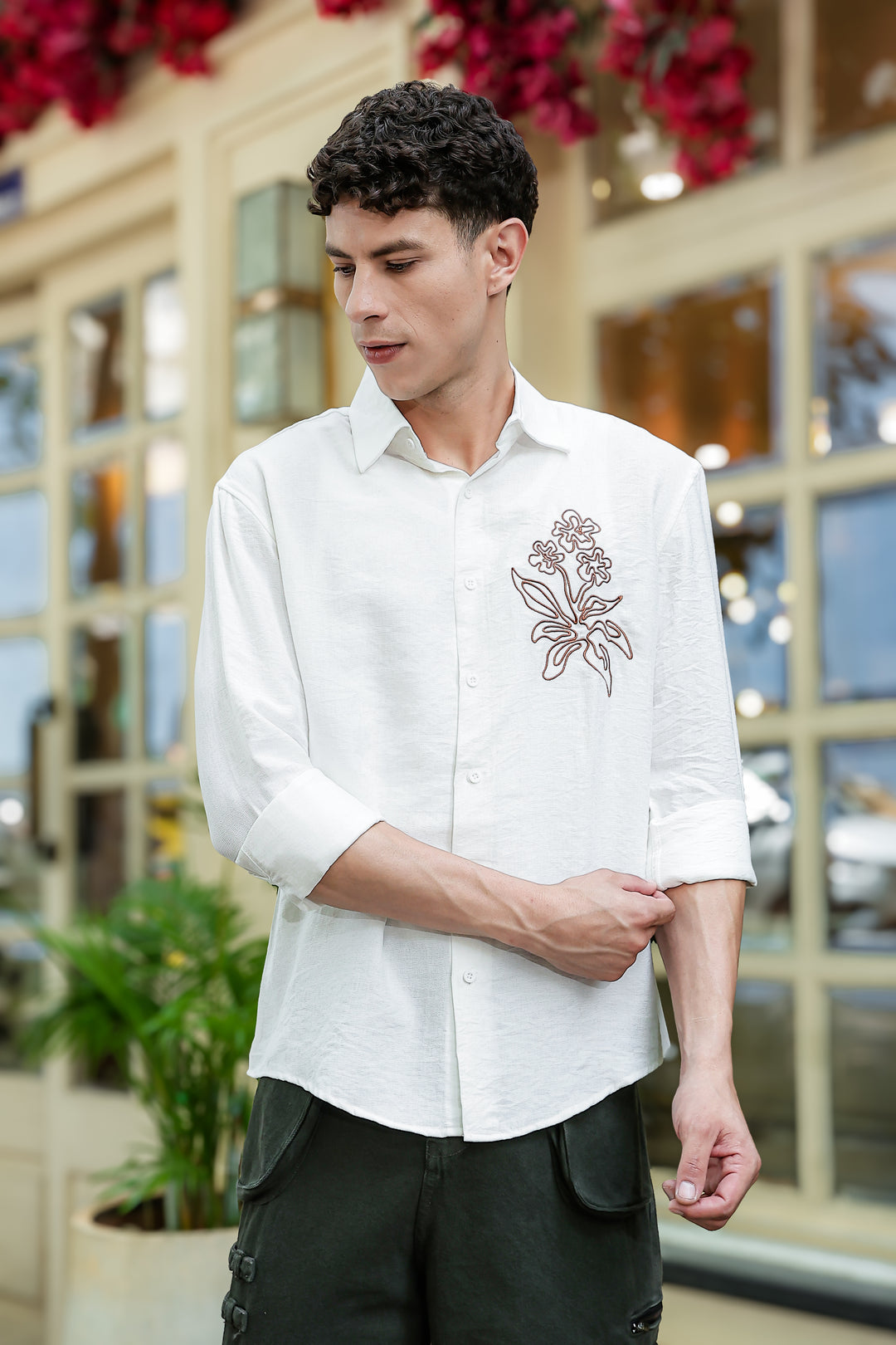 Flourish Embroidery Textured Fabric Shirt