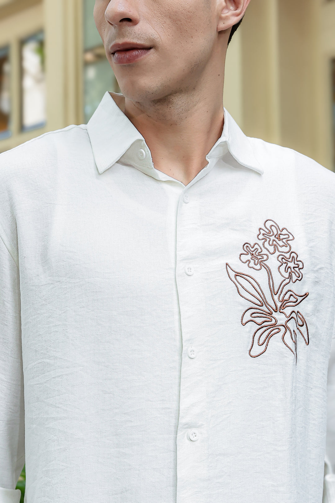 Flourish Embroidery Textured Fabric Shirt