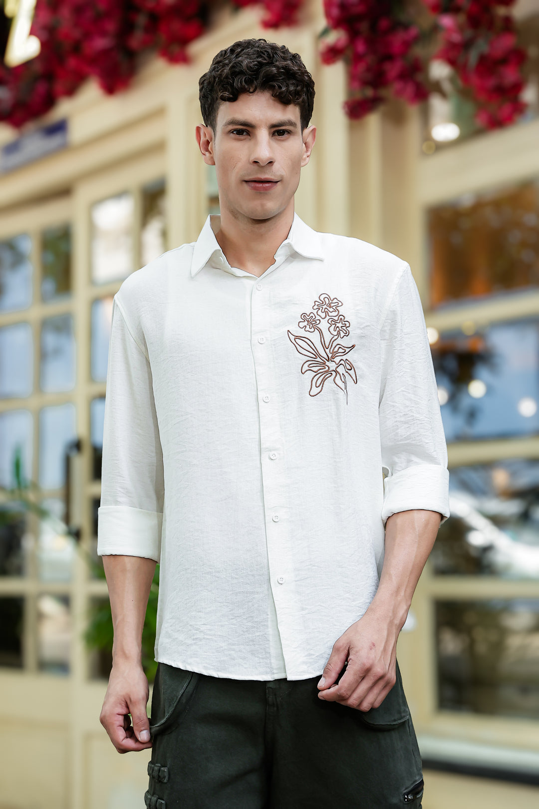 Flourish Embroidery Textured Fabric Shirt