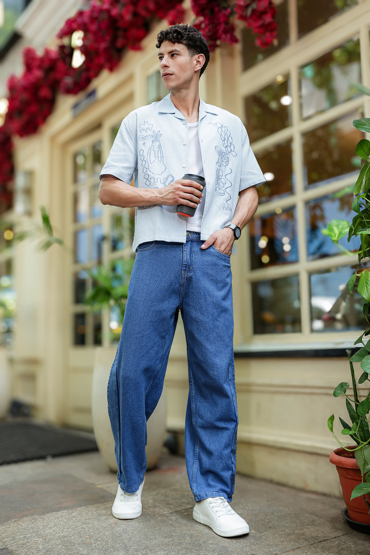 Art of Greece Embroidery Textured fabric Blue Shirt