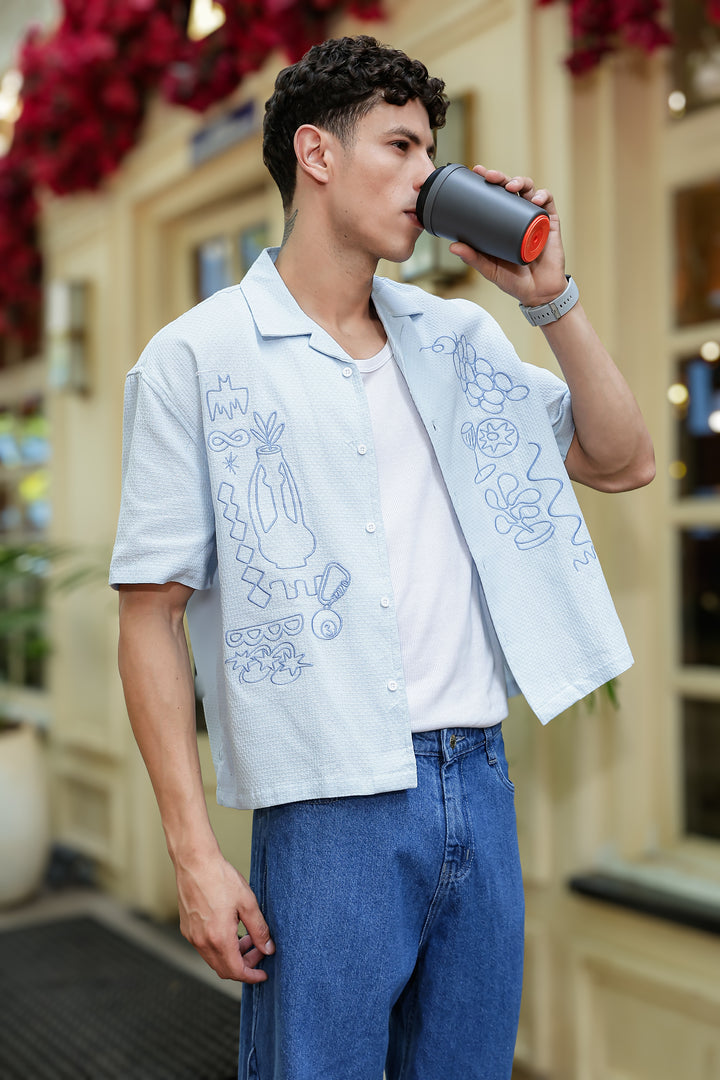Art of Greece Embroidery Textured fabric Blue Shirt