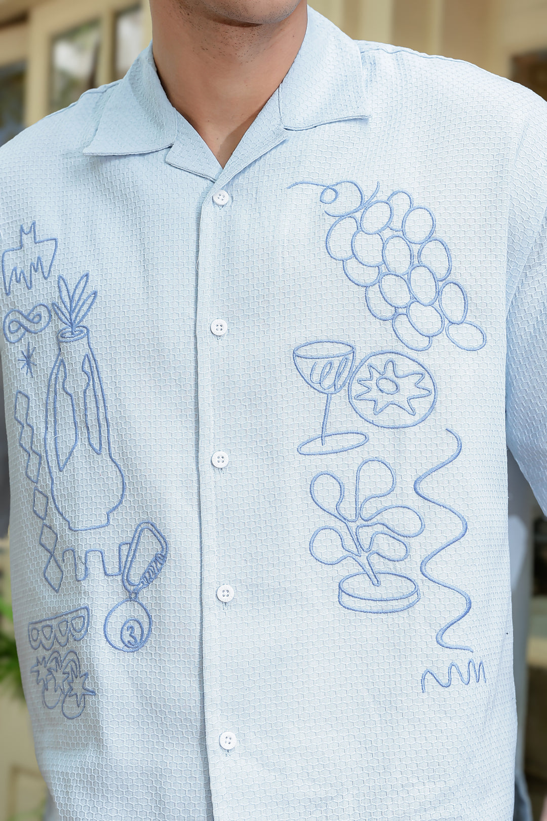 Art of Greece Embroidery Textured fabric Blue Shirt