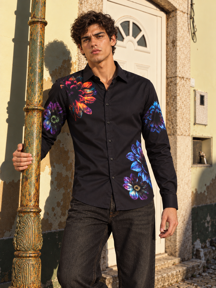 Black Flower Printed Satin Shirt