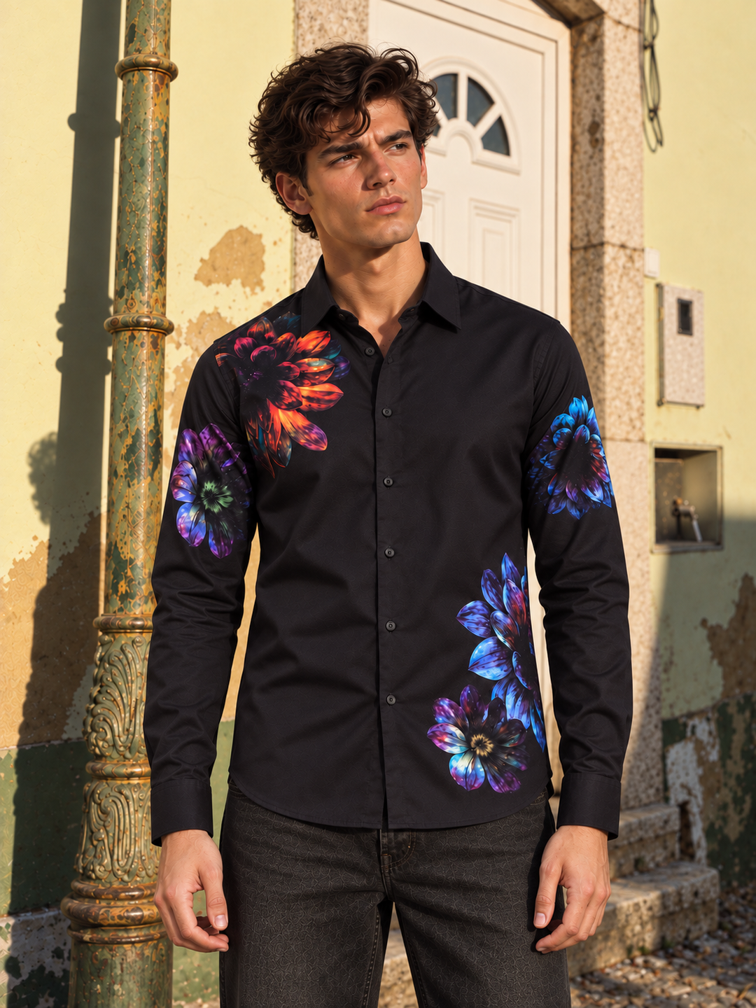 Black Flower Printed Satin Shirt