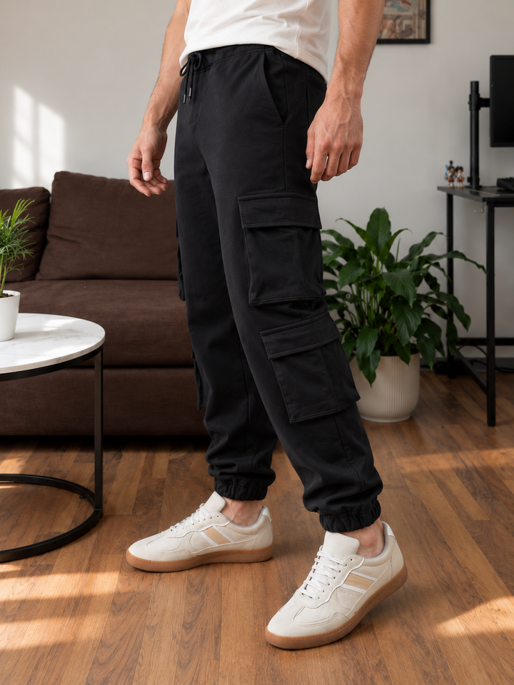 Multi Pockets: Black Cargo Joggers