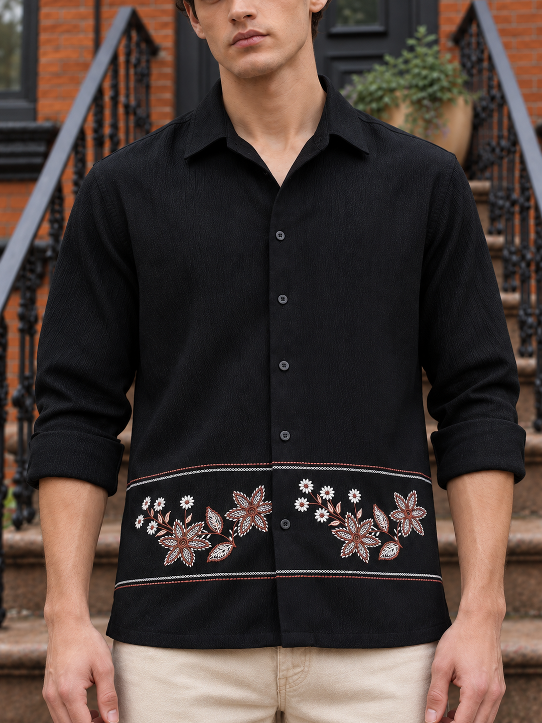 Threadwork Cross Stitch Embroidery Textured Fabric Black Shirt