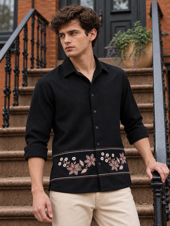 Threadwork Cross Stitch Embroidery Textured Fabric Black Shirt