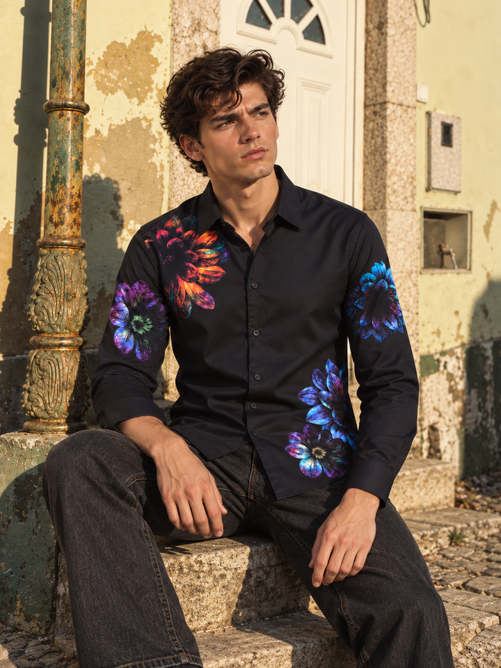 Black Flower Printed Satin Shirt