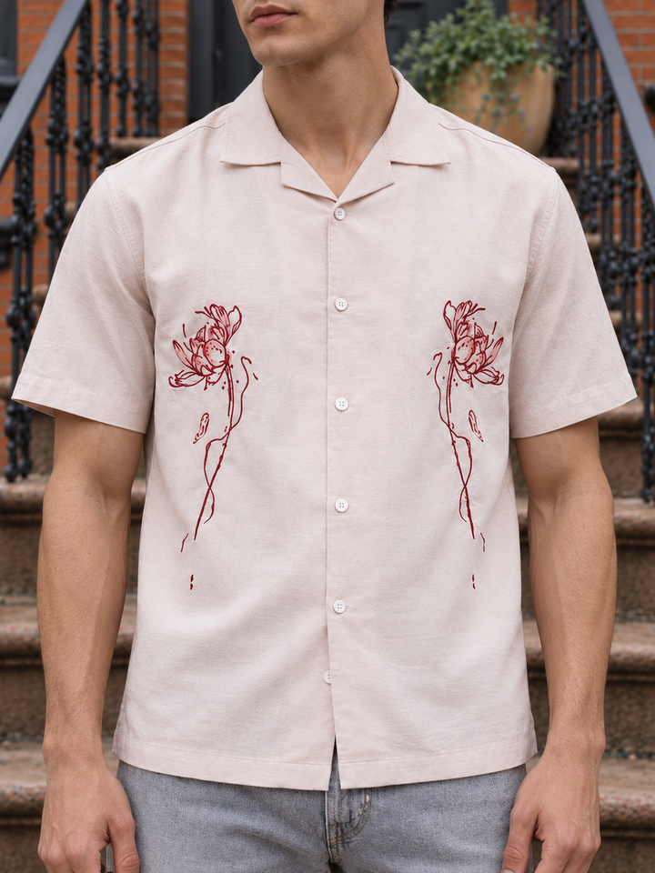Flowers: Beige Embroidery Cuban Shirt