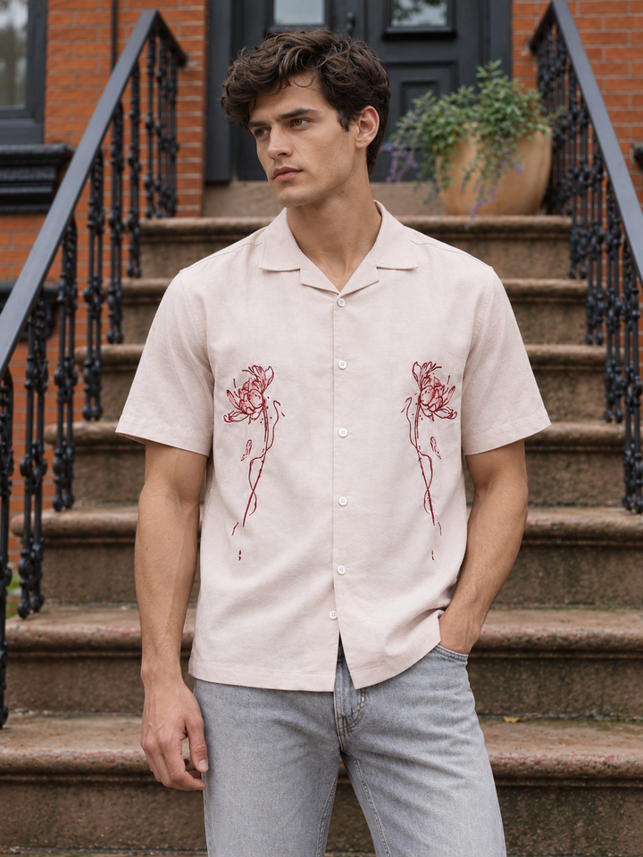 Flowers: Beige Embroidery Cuban Shirt