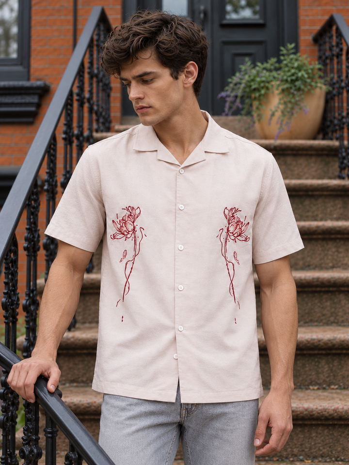 Flowers: Beige Embroidery Cuban Shirt