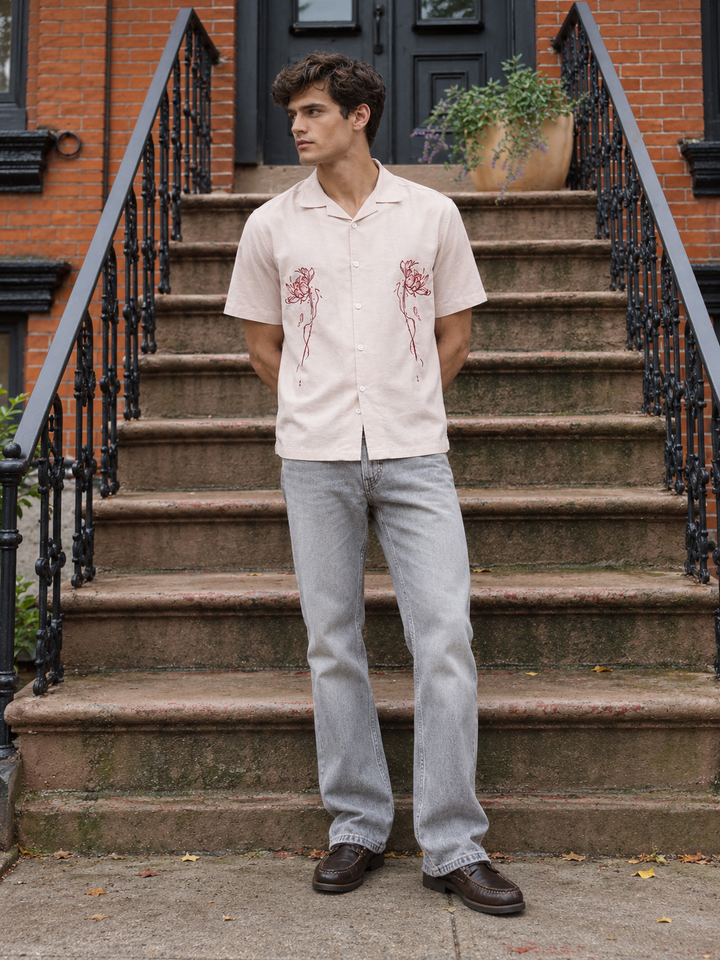 Flowers: Beige Embroidery Cuban Shirt