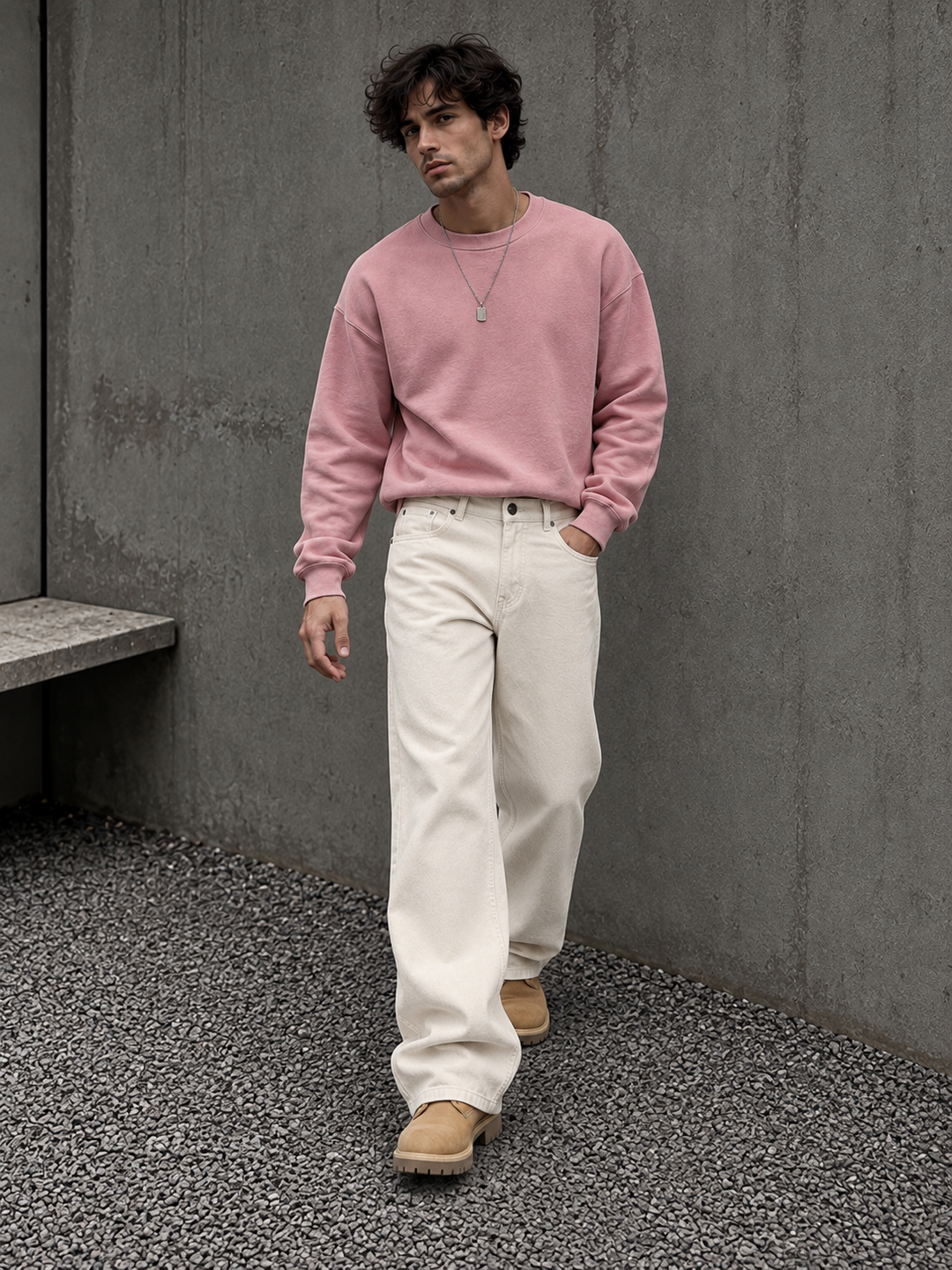 Denims: Ecru Baggy Jeans