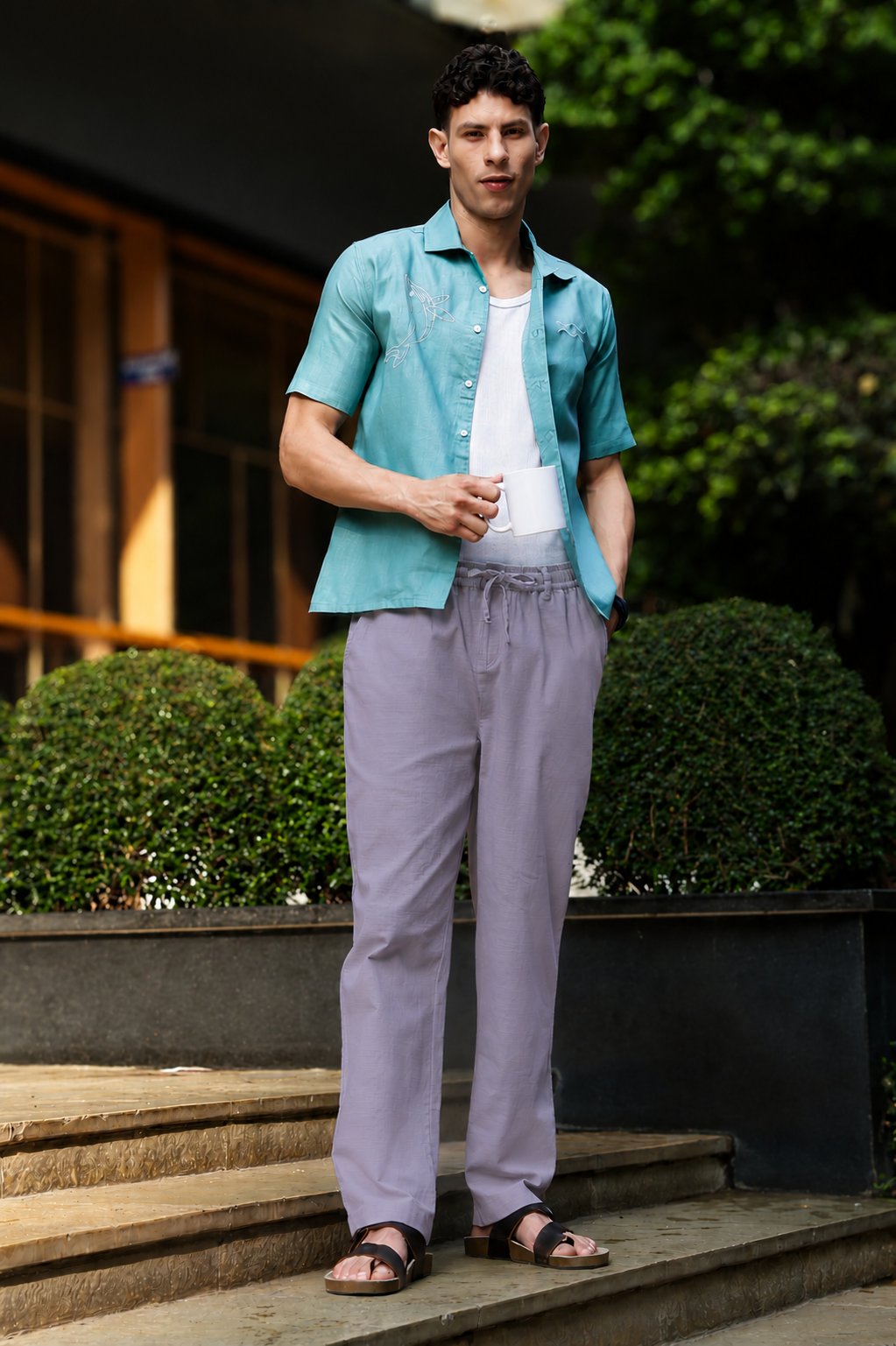 Linen : Turquoise Grey Baggy Trousers