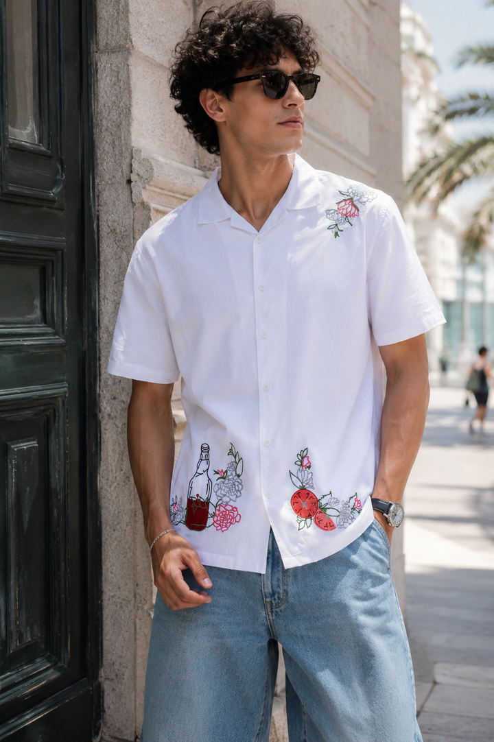 Pitcher Embroidery: White Cuban Shirt