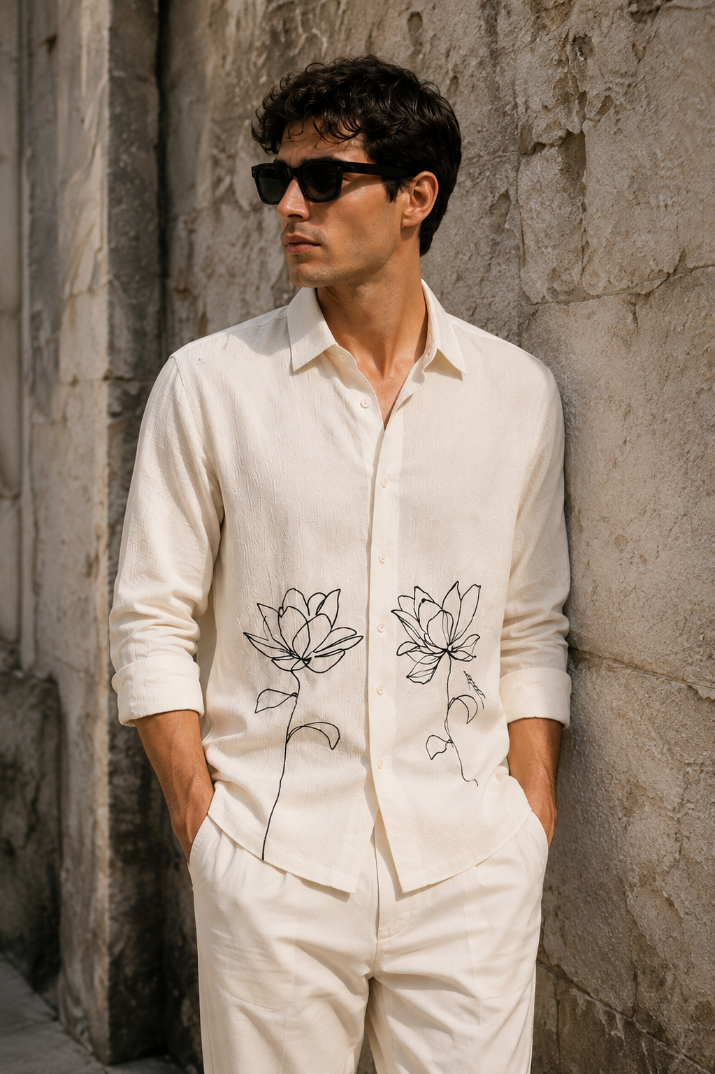 Egyptian water lily Embroidery Textured Fabric Shirt