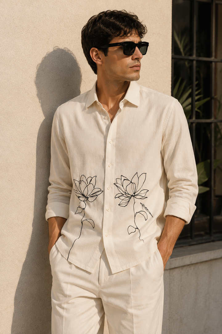 Egyptian water lily Embroidery Textured Fabric Shirt