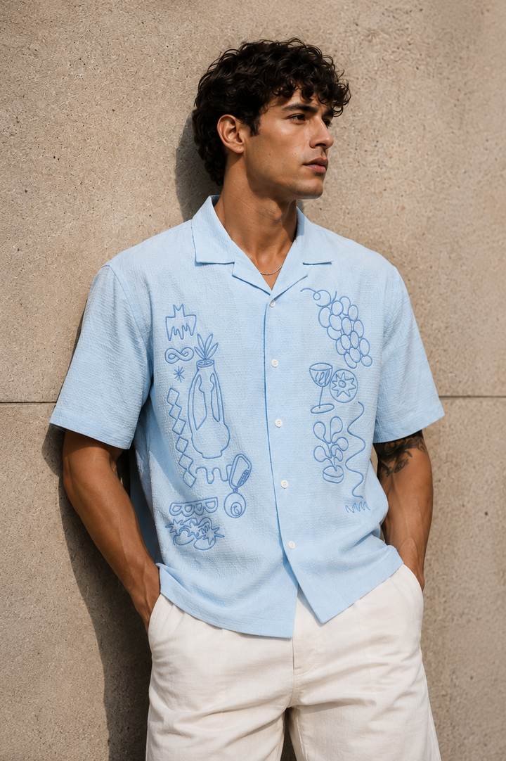 Art of Greece Embroidery Textured fabric Blue Shirt