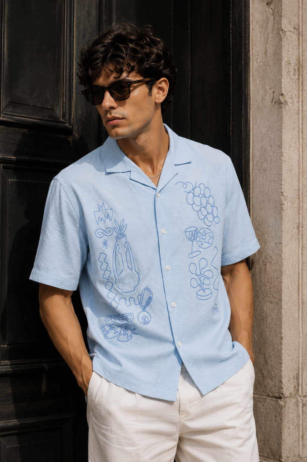 Art of Greece Embroidery Textured fabric Blue Shirt