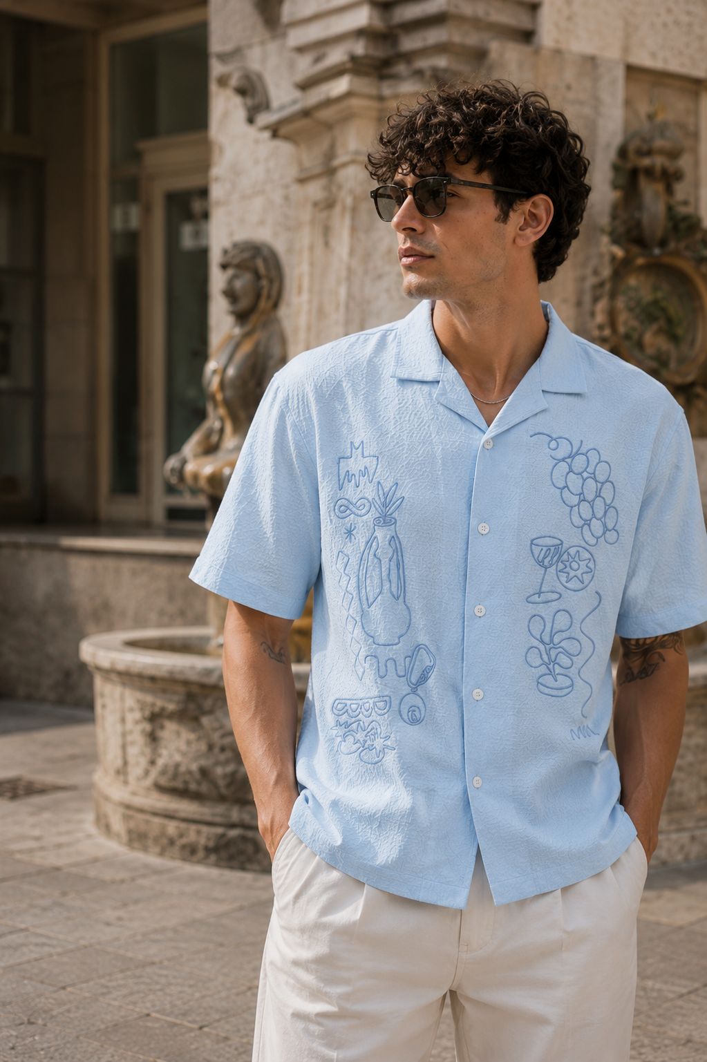 Art of Greece Embroidery Textured fabric Blue Shirt