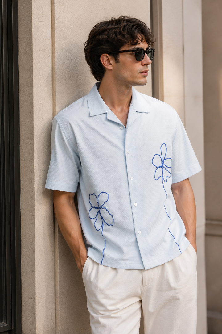 Doodles: Embroidery Blue Textured Fabric Oversized Shirt
