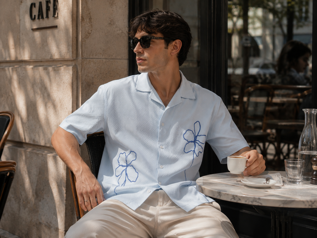 Doodles: Embroidery Blue Textured Fabric Oversized Shirt