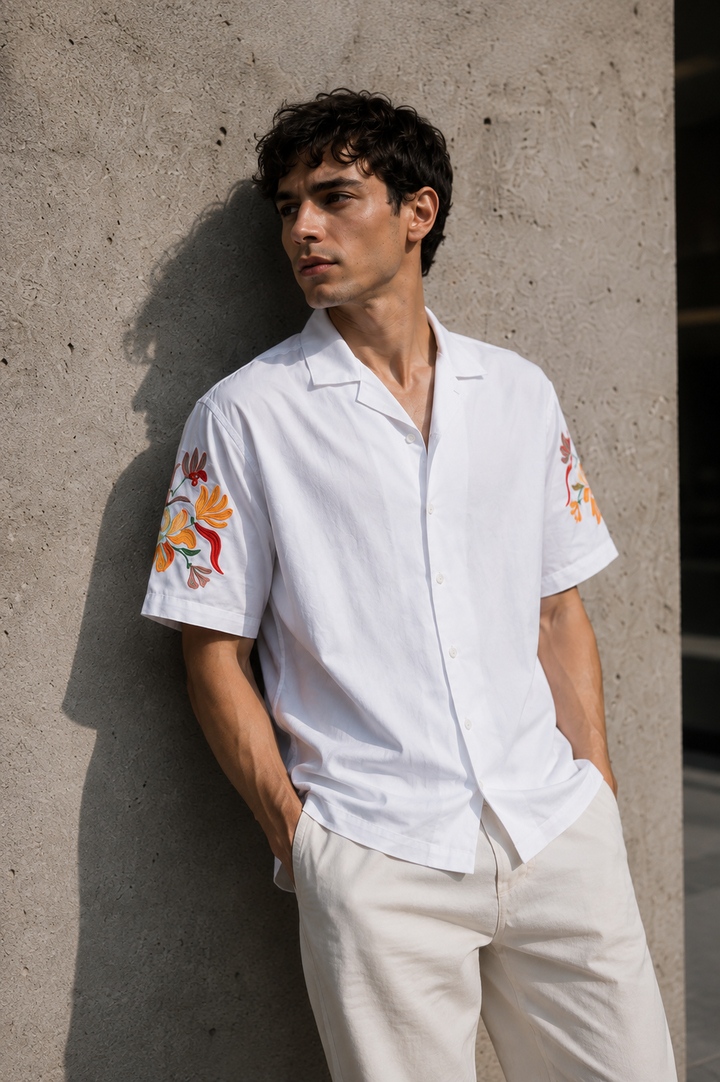 Sakura: Embroidery White Cotton Oversized Shirt