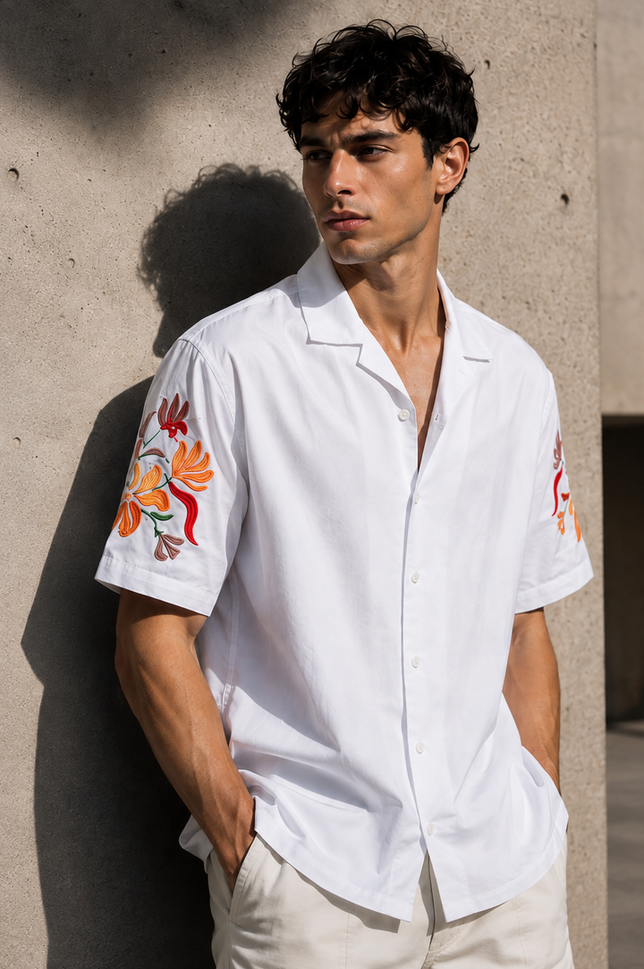 Sakura: Embroidery White Cotton Oversized Shirt