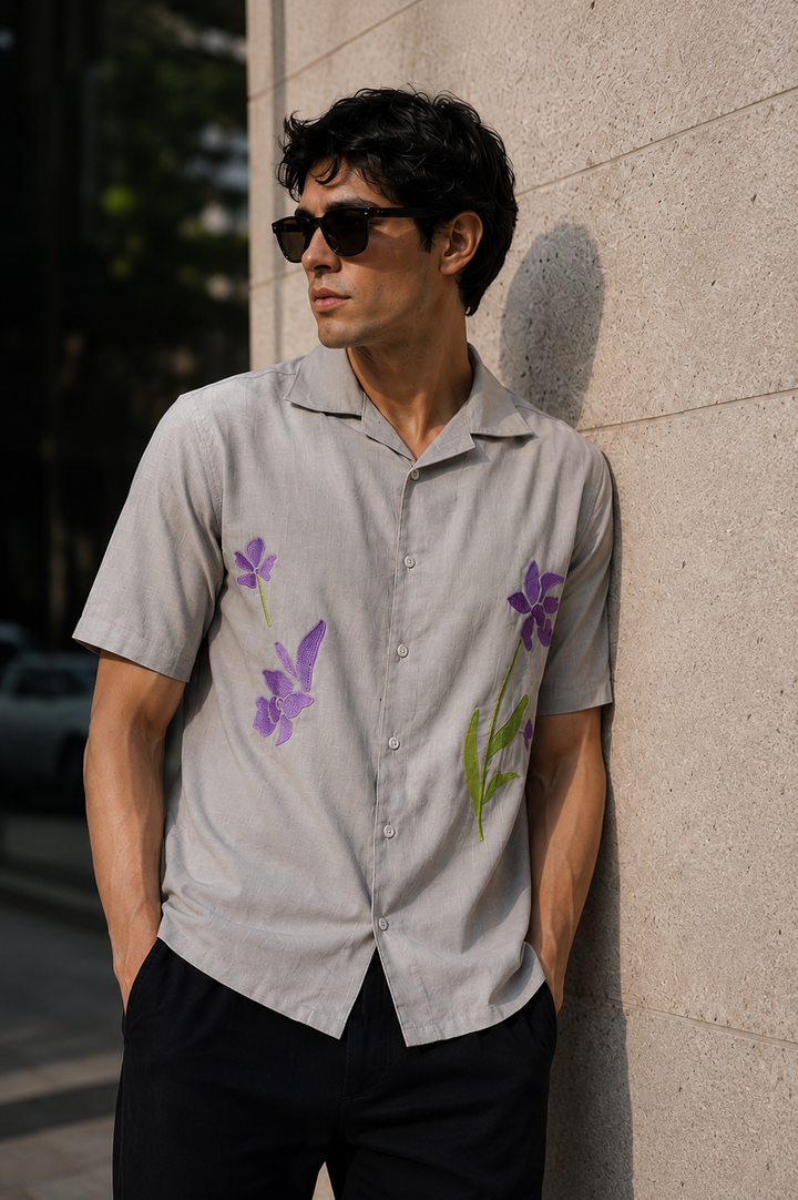 Turkish Flower Embroidery Grey Linen Shirt