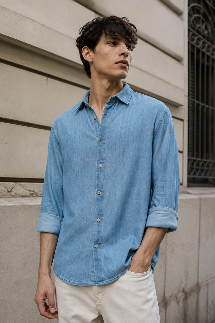 Solids : Ice Washed Blue Long Sleeve Shirt