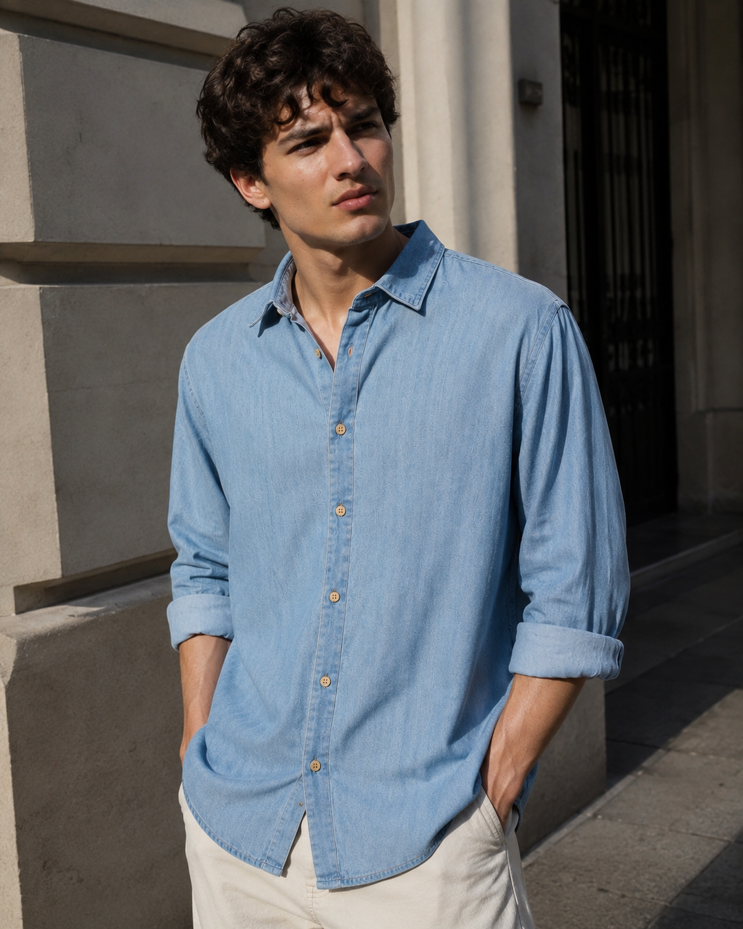 Solids : Ice Washed Blue Long Sleeve Shirt