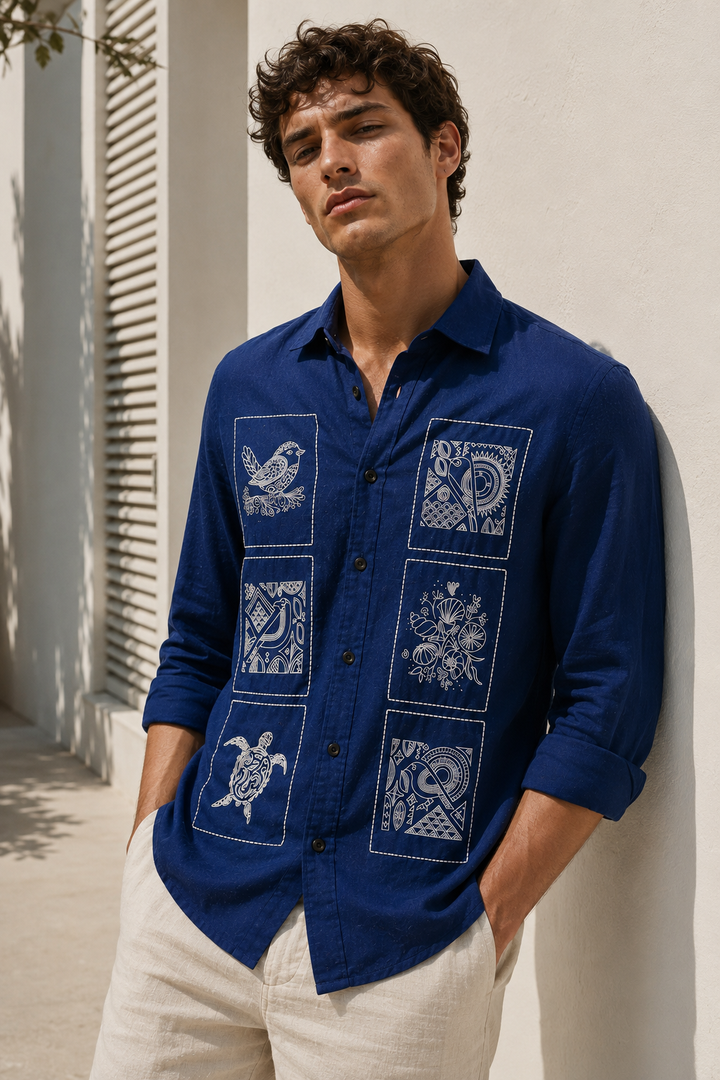 Embroidery : Structure Blue Linen Shirt