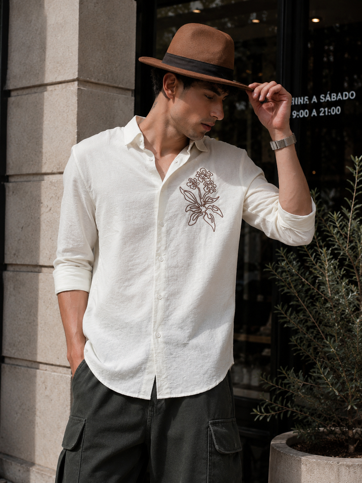 Flourish Embroidery Textured Fabric Shirt