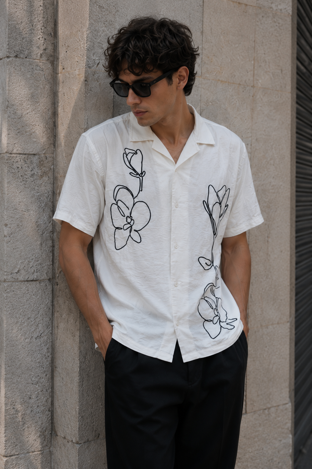 Sacred lotus : Embroidery Textured Fabric Cuban Shirt