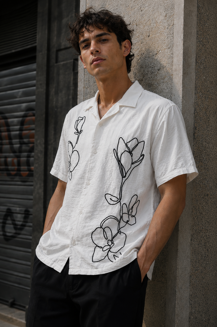 Sacred lotus : Embroidery Textured Fabric Cuban Shirt