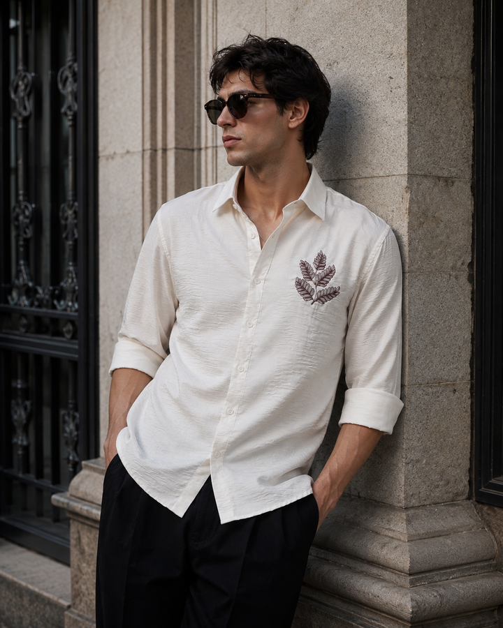 Nature Embroidery Textured Fabric Shirt