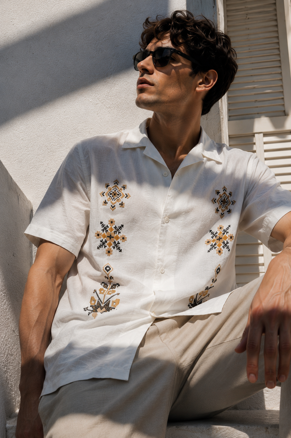 Conventional Embroidery Textured Fabric Shirt