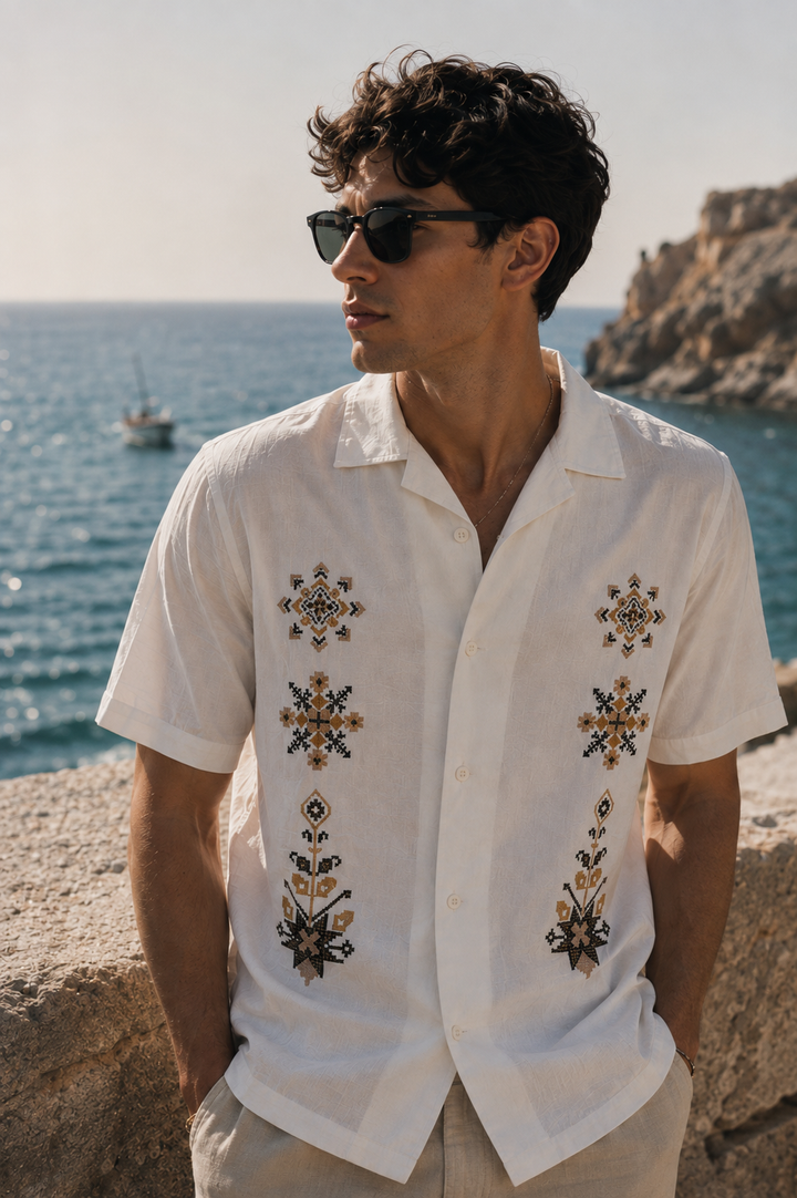 Conventional Embroidery Textured Fabric Shirt