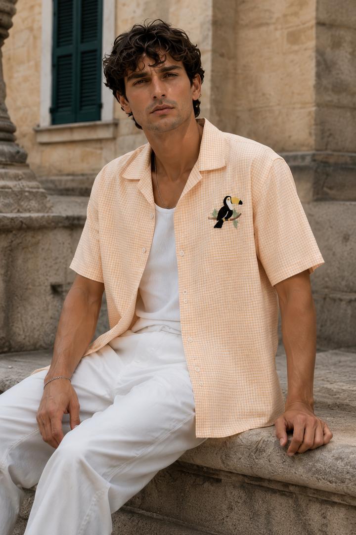Plaid : Fowl Embroidery Orange Shirt