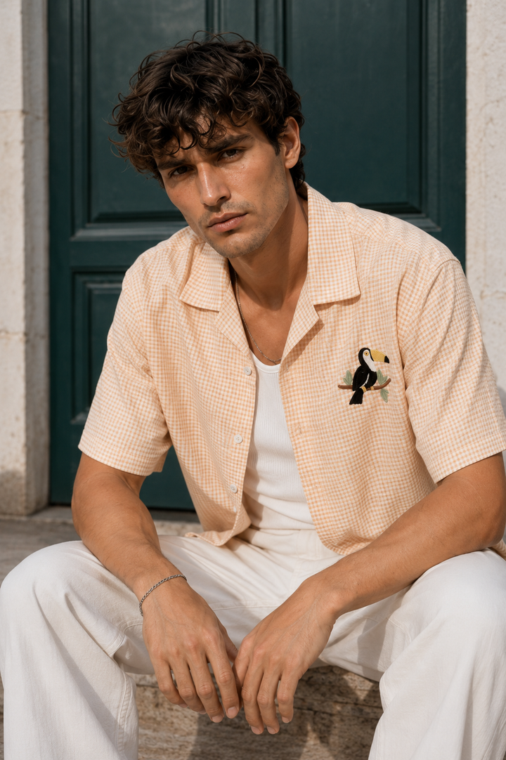 Plaid : Fowl Embroidery Orange Shirt