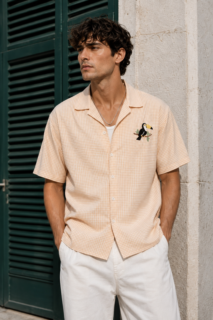 Plaid : Fowl Embroidery Orange Shirt