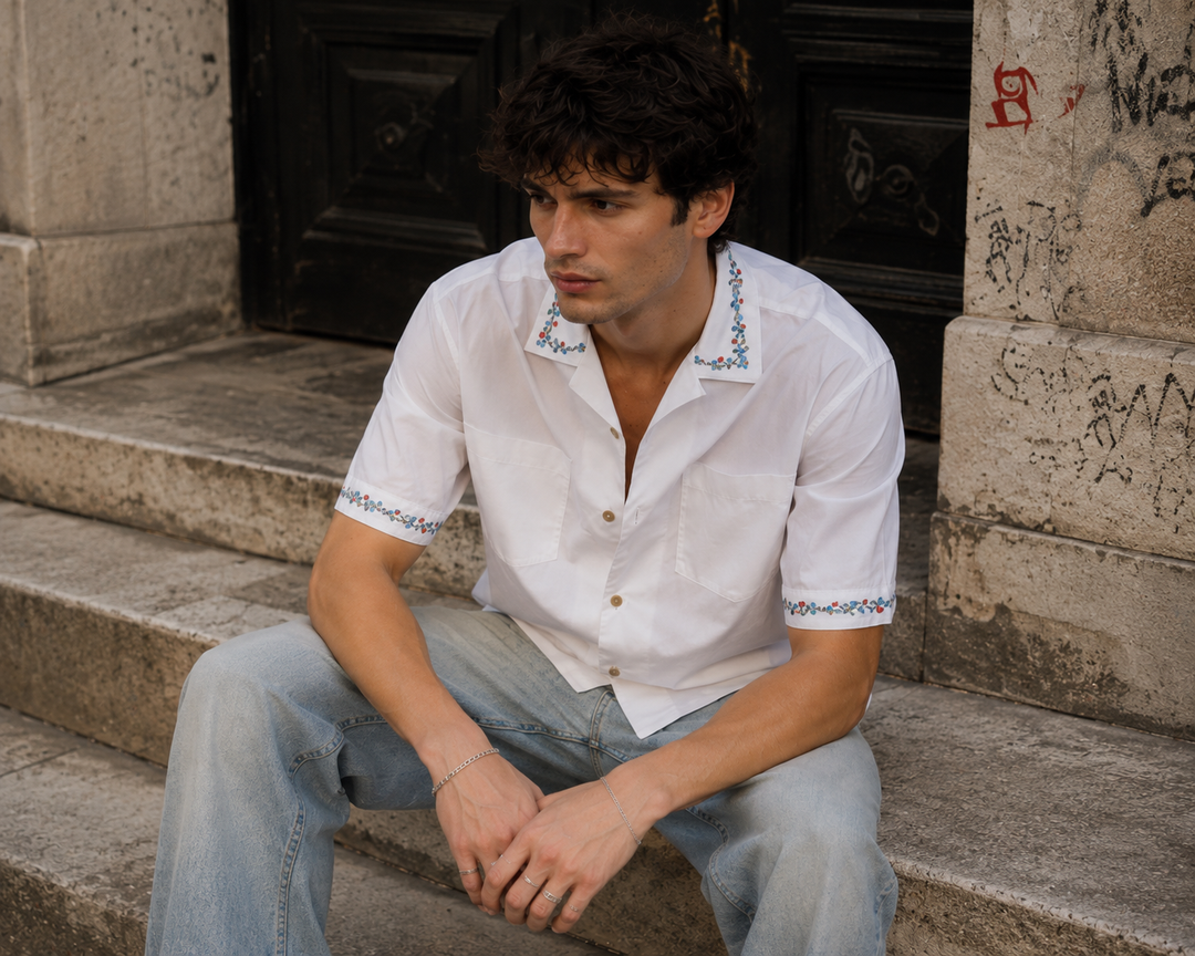 Floral Chain Embroidery: White Cuban Shirt