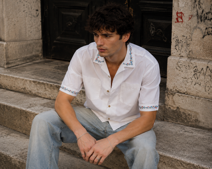 Floral Chain Embroidery: White Cuban Shirt