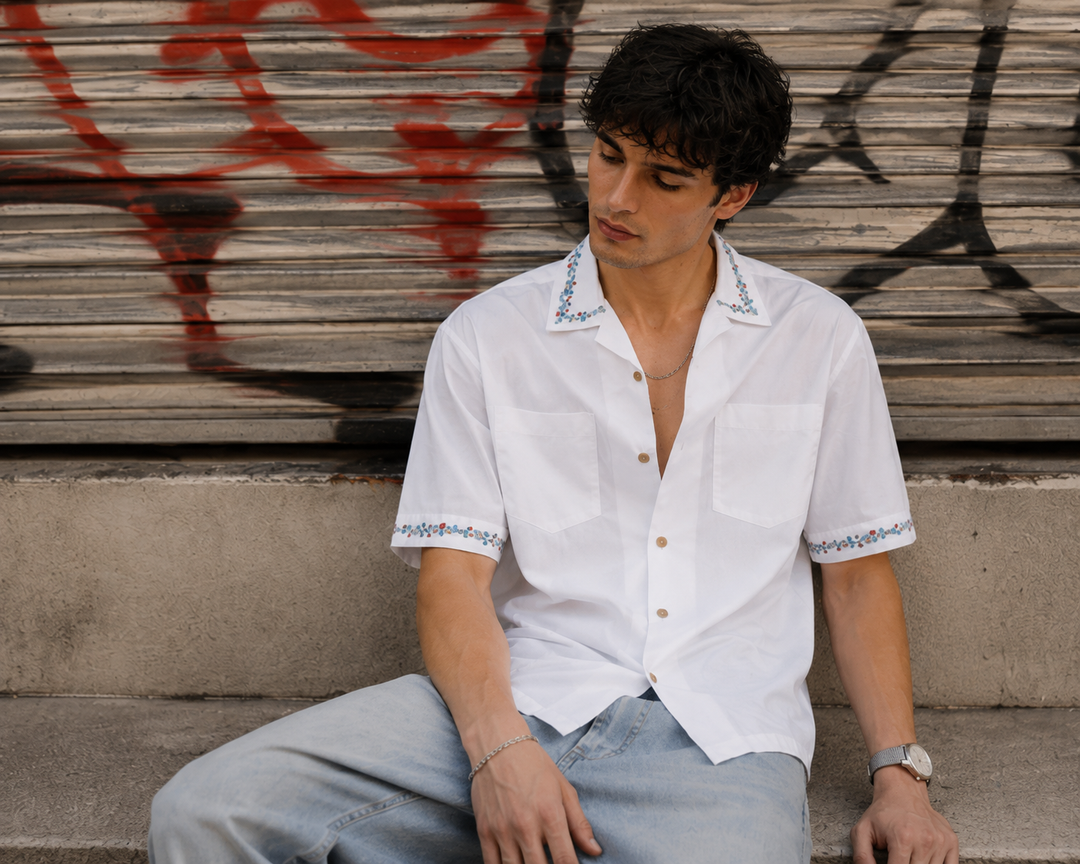 Floral Chain Embroidery: White Cuban Shirt