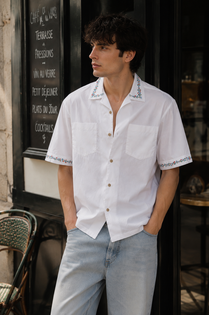 Floral Chain Embroidery: White Cuban Shirt