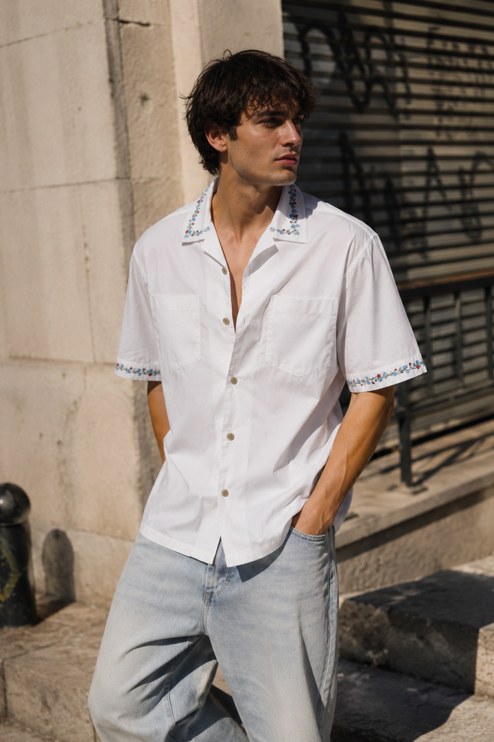 Floral Chain Embroidery: White Cuban Shirt