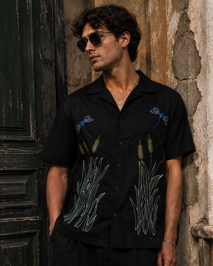 Wheat Berry Embroidery Cuban Shirt