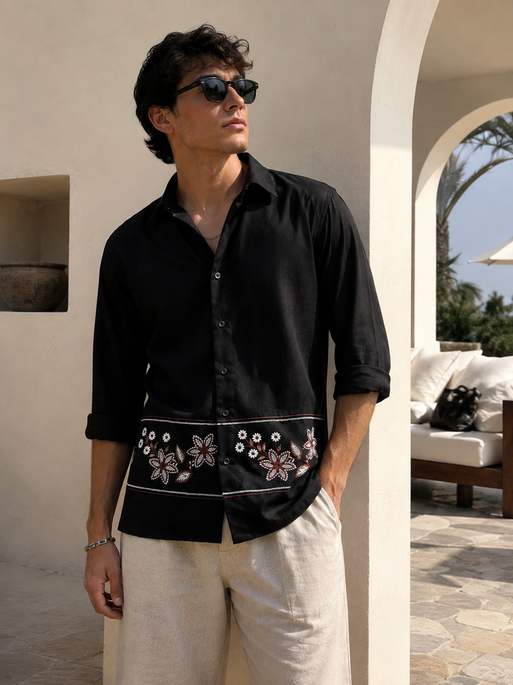 Threadwork Cross Stitch Embroidery Textured Fabric Black Shirt
