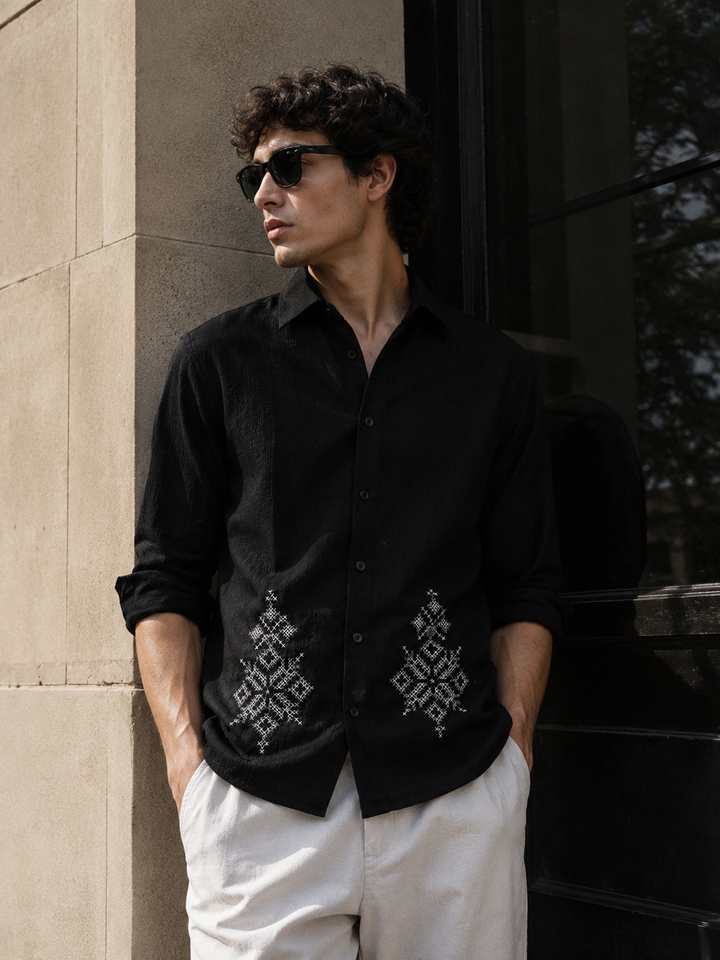 Handicraft Embroidery Black Textured Fabric Shirt